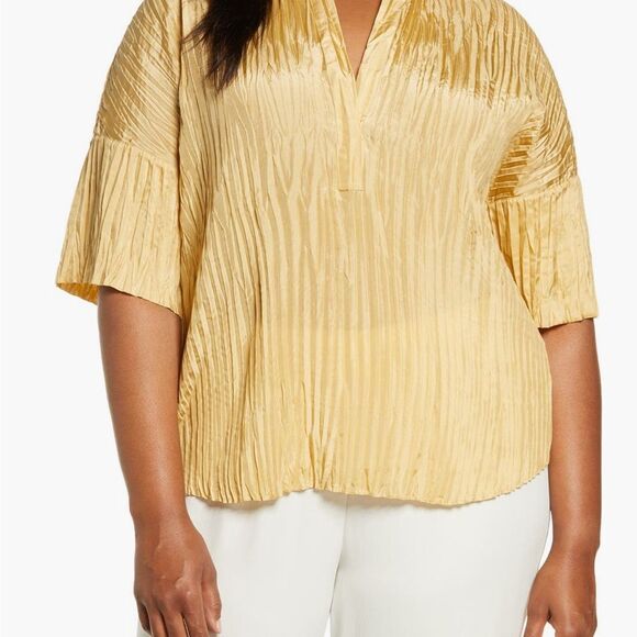 Vince SILK Yellow Pleated Blouse with Mandarin Collar - Picture 1 of 6